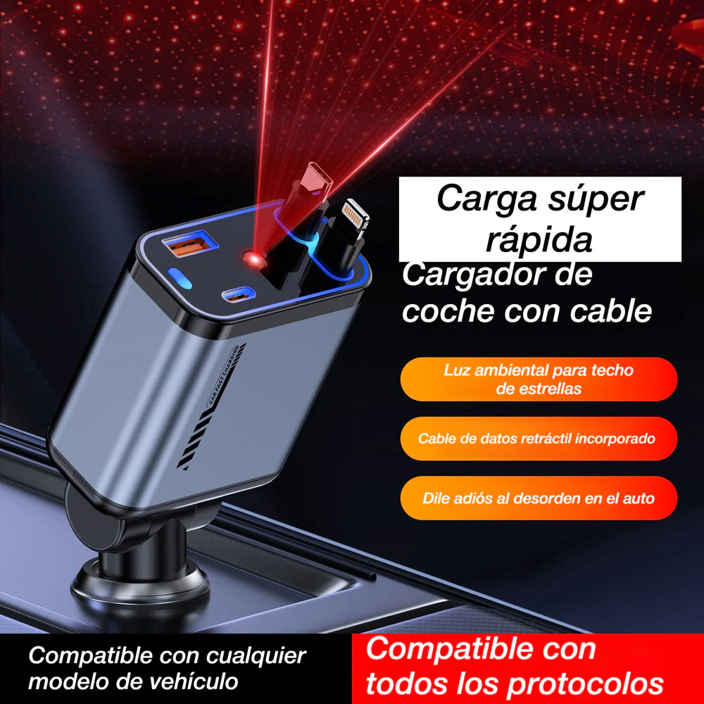 Cargador retráctil de coche ultrarrápido 4 en 1