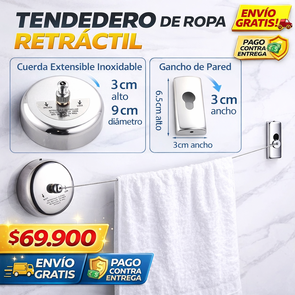 TENDEDERO DE ROPA RETRACTIL AJUSTABLE 2,5 METROS